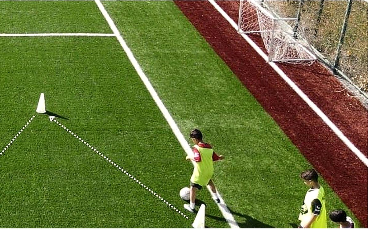 Overhead view of a CT² passing drill — players working the ball between cones along marked angles